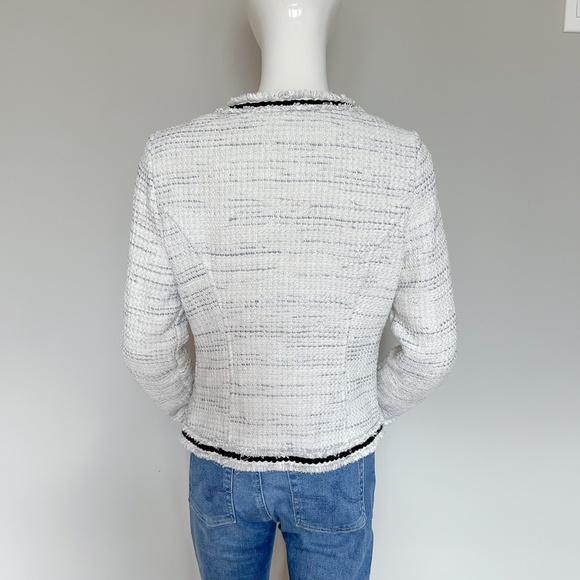 WHBM White Grey Tweed Metallic Dressy Blazer Jacket Black Piping XS - Picture 13 of 16